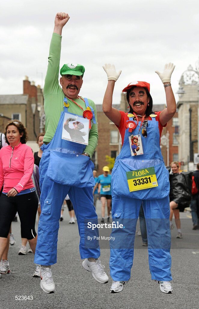 6 June 2011; John Brady and Kathy Matthews, both from Coolock, Dublin, dressed as the 'Super Mario Brothers', before the 2011 Flora Womens Mini Marathon. 2011 Flora Womens Mini Marathon, Dublin City. Picture credit: Pat Murphy / SPORTSFILE