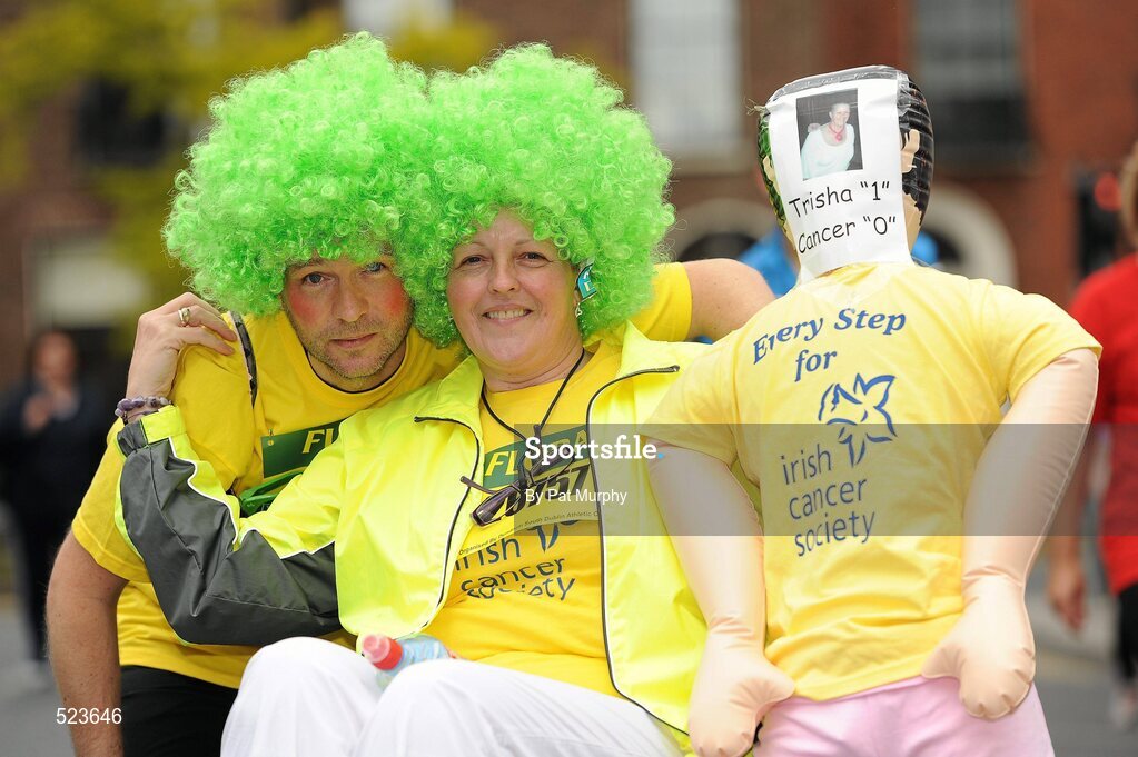 6 June 2011; Trisha McLoughlin, From Roscommon, and Kevin Steed, from Milton Keynes, England, who competed in aid of the Irish Cancer Society, before the 2011 Flora Womens Mini Marathon. 2011 Flora Womens Mini Marathon, Dublin City. Picture credit: Pat Murphy / SPORTSFILE