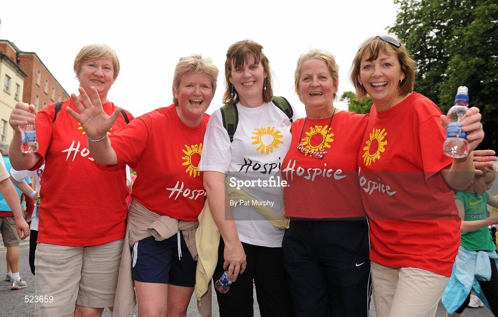 6 June 2011; Competitors, from left, Katy Glennom, Joan O'Flynn, President of the Camogie Association, Anne Connelly, Katy Browne and Olive Mann, who ran in aid of the Kildare and West Wicklow, St. Brigids Hospice, after the 2011 Flora Womens Mini Marathon. 2011 Flora Womens Mini Marathon, Dublin City. Picture credit: Pat Murphy / SPORTSFILE