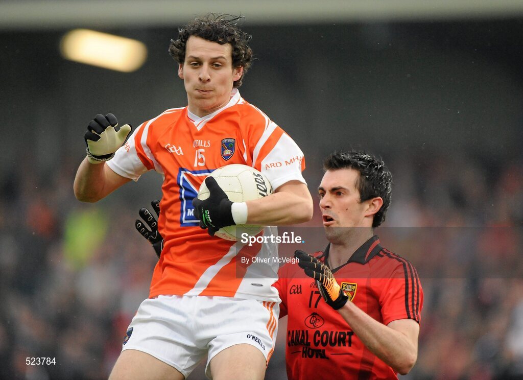 28 May 2011; Jamie Clarke, Armagh, in action against Gerard McCartan, Down. Ulster GAA Football Senior Championship Quarter-Final, Armagh v Down, Morgan Athletic Grounds, Armagh. Picture credit: Oliver McVeigh / SPORTSFILE
