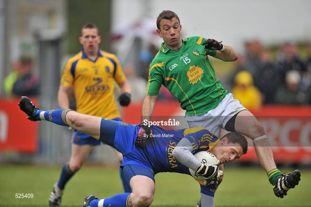 12 June 2011; Geoffrey Claffey, Roscommon, in action against James Glancy, Leitrim. Connacht GAA Football Senior Championship Semi-Final, Leitrim v Roscommon, Páirc Seán Mac Diarmada, Carrick-on-Shannon, Co. Leitrim. Picture credit: David Maher / SPORTSFILE