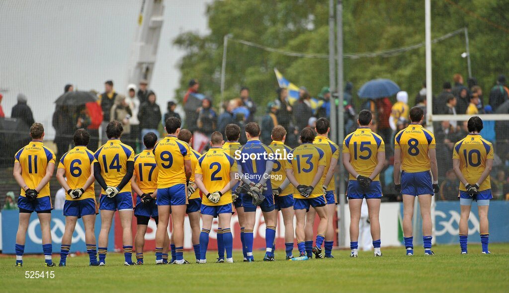 12 June 2011; The Roscommon team stand for the National Anthem before the start of the game. Connacht GAA Football Senior Championship Semi-Final, Leitrim v Roscommon, Páirc Seán Mac Diarmada, Carrick-on-Shannon, Co. Leitrim. Picture credit: Barry Cregg / SPORTSFILE
