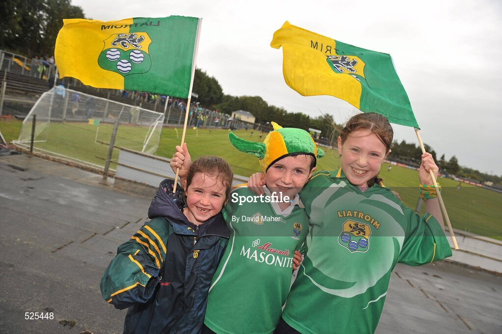 12 June 2011; Leitrim supporters, from left, Kayle Maguire, age 7, with her brother Daniel, age 10, and sister Charlene, age 12, from Drumkeerin, Co. Leitrim, before the game. Connacht GAA Football Senior Championship Semi-Final, Leitrim v Roscommon, Páirc Seán Mac Diarmada, Carrick-on-Shannon, Co. Leitrim. Picture credit: David Maher / SPORTSFILE