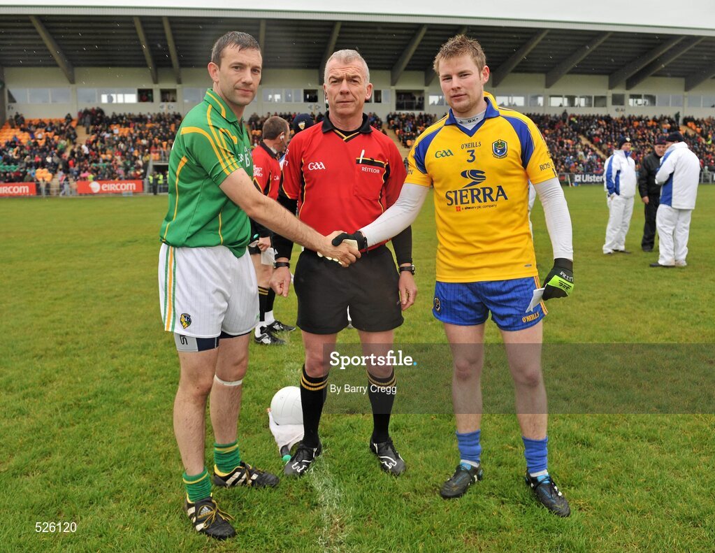 12 June 2011; Leitrim captain James Glancy, and Roscommon captain Peter Domican shake hands in the company of referee Pat McEnaney before the game. Connacht GAA Football Senior Championship Semi-Final, Leitrim v Roscommon, Páirc Seán Mac Diarmada, Carrick-on-Shannon, Co. Leitrim. Picture credit: Barry Cregg / SPORTSFILE