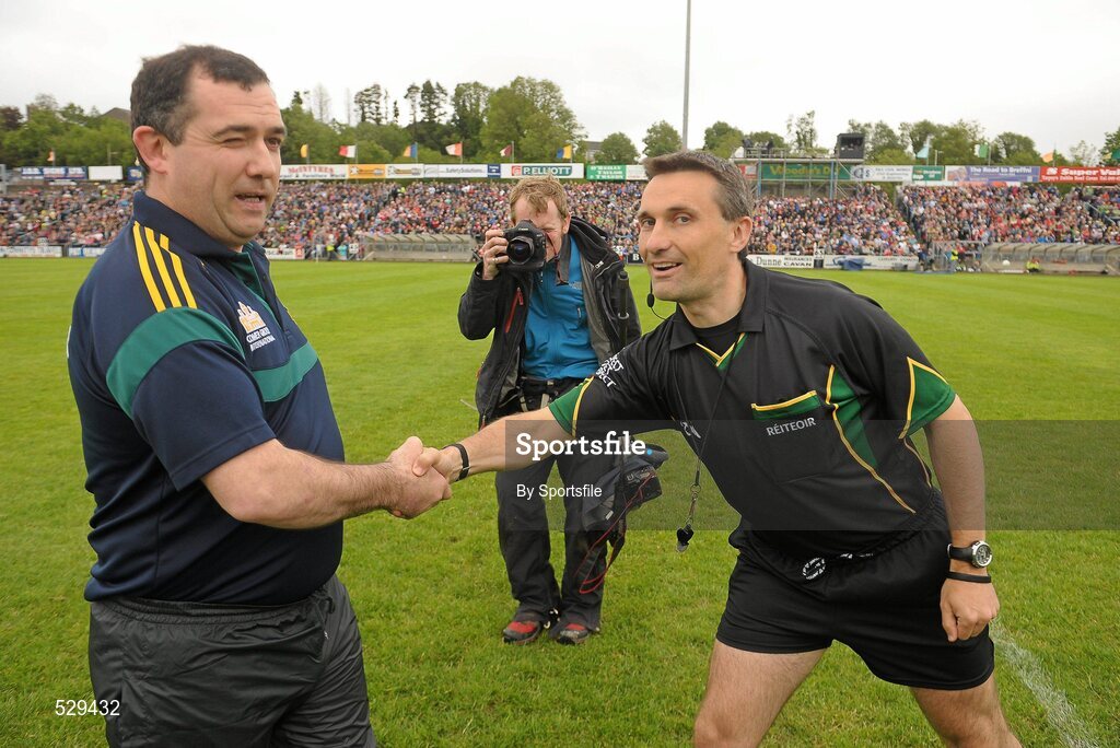 25 June 2011; Meath manager Seamus Mcenaney shakes hand with referee Maurice Deegan before the game. GAA Football All-Ireland Senior Championship Qualifier Round 1, Louth v Meath, Kingspan Breffni Park, Co. Cavan. Photo by Sportsfile