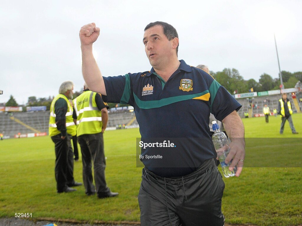 25 June 2011; Meath manager Seamus McEnaney celebrates after the game. GAA Football All-Ireland Senior Championship Qualifier Round 1, Louth v Meath, Kingspan Breffni Park, Co. Cavan. Photo by Sportsfile