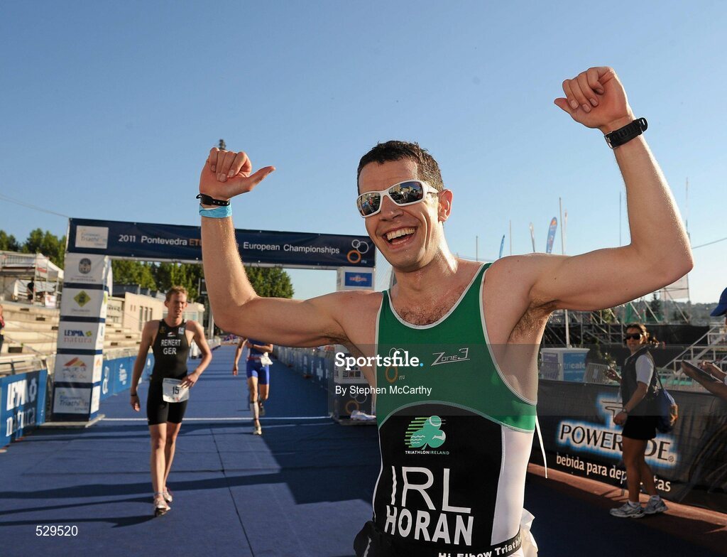25 June 2011; Ireland's Mark Horan, from Balinteer, Dublin, celebrates after winning the 30-34 Male Age Group Sprint event, with a time of 01:04:16, at the 2011 Pontevedra ETU Triathlon European Championships. Pontevedra, Spain. Picture credit: Stephen McCarthy / SPORTSFILE