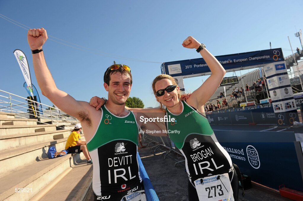 25 June 2011; Ireland's Conor Devitt, from Glasnevin, Dublin, who placed in 12th position in the 25-29 Male Age Group Sprint event, with a time of 01:16:39, and Amy Brogan, from Ranelagh, Dublin, after taking 12th position in the 25-29 Female Age Group Sprint event, with a time of 01:21:17, at the 2011 Pontevedra ETU Triathlon European Championships. Pontevedra, Spain. Picture credit: Stephen McCarthy / SPORTSFILE