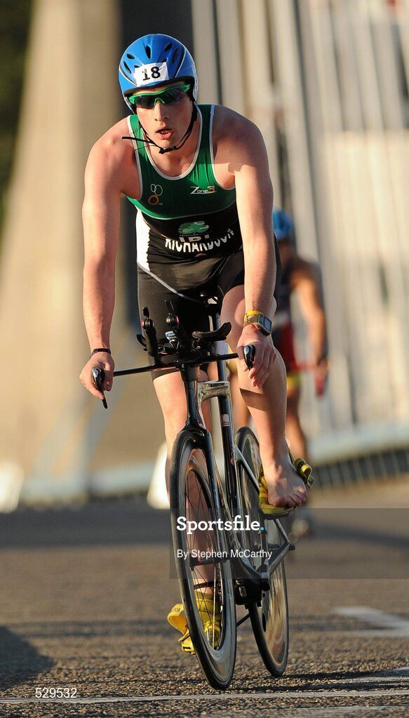 25 June 2011; Ireland's Ian Richardson, from Higginstown, Slane, Co. Meath, on his way to taking 5th position in the 20-24 Male Age Group Sprint event, with a time of 01:09:07, at the 2011 Pontevedra ETU Triathlon European Championships. Pontevedra, Spain. Picture credit: Stephen McCarthy / SPORTSFILE