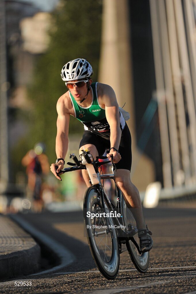 25 June 2011; Ireland's Jack O'Reilly, from Enniskillen, Co. Fermanagh, on his way to taking 6th position in the 20-24 Male Age Group Sprint event, with a time of 01:09:40, at the 2011 Pontevedra ETU Triathlon European Championships. Pontevedra, Spain. Picture credit: Stephen McCarthy / SPORTSFILE
