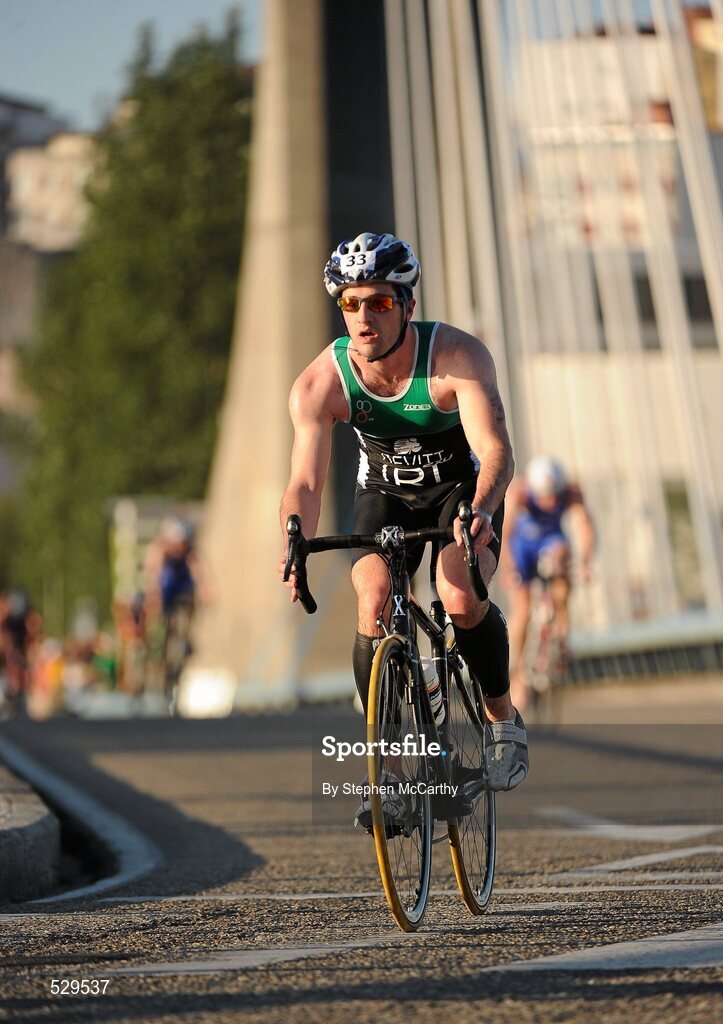 25 June 2011; Ireland's Conor Devitt, from Glasnevin, Dublin, on his way to taking 12th position in the 25-29 Male Age Group Sprint event, with a time of 01:16:39, at the 2011 Pontevedra ETU Triathlon European Championships. Pontevedra, Spain. Picture credit: Stephen McCarthy / SPORTSFILE