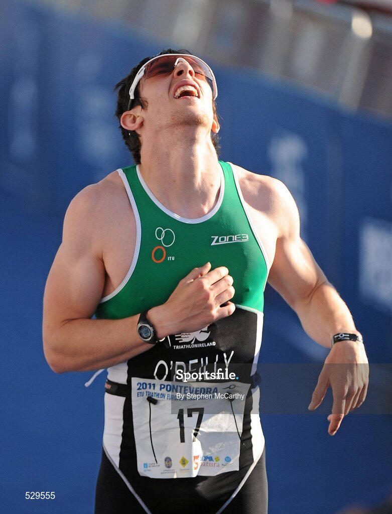 25 June 2011; Ireland's Jack O'Reilly, from Enniskillen, Co. Fermanagh, after taking 6th position in the 20-24 Male Age Group Sprint event, with a time of 01:09:40, at the 2011 Pontevedra ETU Triathlon European Championships. Pontevedra, Spain. Picture credit: Stephen McCarthy / SPORTSFILE