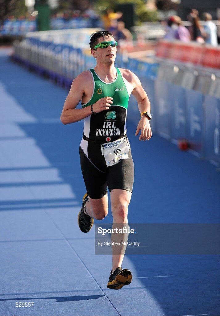 25 June 2011; Ireland's Ian Richardson, from Higginstown, Slane, Co. Meath, on his way to taking 5th position in the 20-24 Male Age Group Sprint event, with a time of 01:09:07, at the 2011 Pontevedra ETU Triathlon European Championships. Pontevedra, Spain. Picture credit: Stephen McCarthy / SPORTSFILE