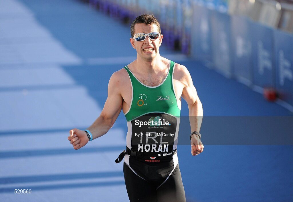 25 June 2011; Ireland's Mark Horan, from Balinteer, Dublin, on his way to winning the 30-34 Male Age Group Sprint event, with a time of 01:04:16, at the 2011 Pontevedra ETU Triathlon European Championships. Pontevedra, Spain. Picture credit: Stephen McCarthy / SPORTSFILE