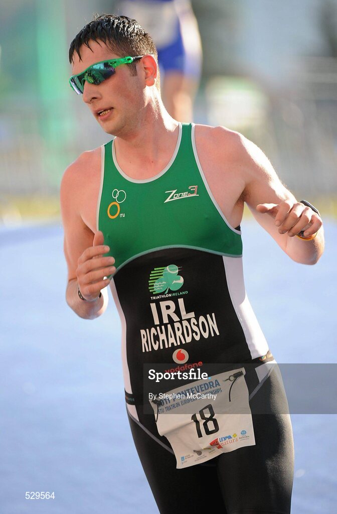 25 June 2011; Ireland's Ian Richardson, from Higginstown, Slane, Co. Meath, on his way to taking 5th position in the 20-24 Male Age Group Sprint event, with a time of 01:09:07, at the 2011 Pontevedra ETU Triathlon European Championships. Pontevedra, Spain. Picture credit: Stephen McCarthy / SPORTSFILE