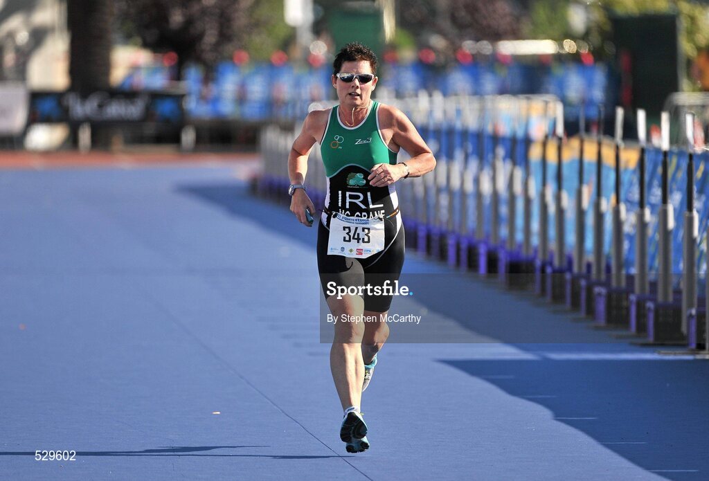 25 June 2011; Ireland's Anne McGrane, from Lucan, Dublin, on her way to 12th position in the 45-49 Female Age Group Sprint event, with a time of 01:42:29, at the 2011 Pontevedra ETU Triathlon European Championships. Pontevedra, Spain. Picture credit: Stephen McCarthy / SPORTSFILE