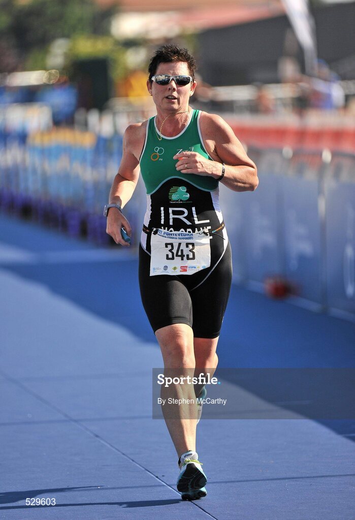 25 June 2011; Ireland's Anne McGrane, from Lucan, Dublin, on her way to 12th position in the 45-49 Female Age Group Sprint event, with a time of 01:42:29, at the 2011 Pontevedra ETU Triathlon European Championships. Pontevedra, Spain. Picture credit: Stephen McCarthy / SPORTSFILE