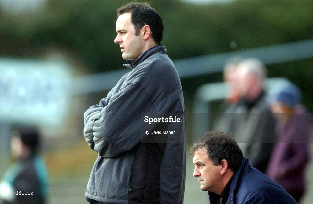 27 January 2002;  Shelbourne caretaker managers Alan Mathews, left, and Noel King during the eircom League Premier Division match between Dundalk and Shelbourne at Oriel Park in Dundalk, Louth. Photo by David Maher/Sportsfile
