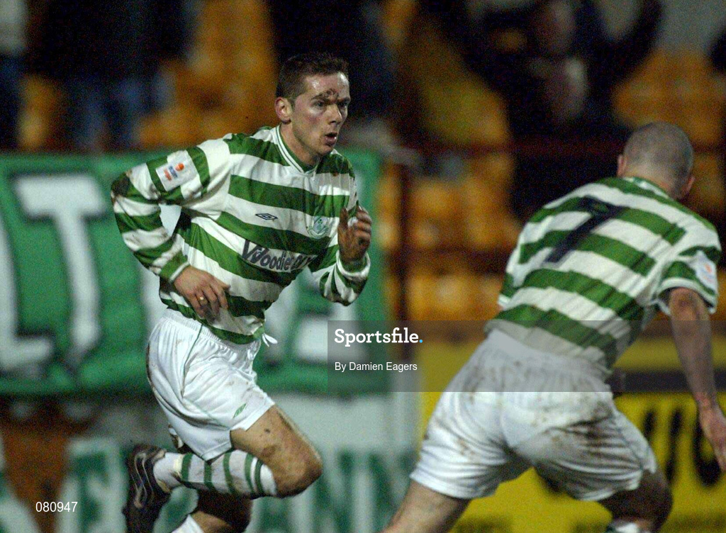 8 February 2002; Billy Woods of Shamrock Rovers, left, celebrates after scoring his side's first goal during the FAI Carlsberg Cup Quarter-Final match between Shamrock Rovers and Sligo Rovers at Tolka Park in Dublin. Photo by Damien Eagers/Sportsfile