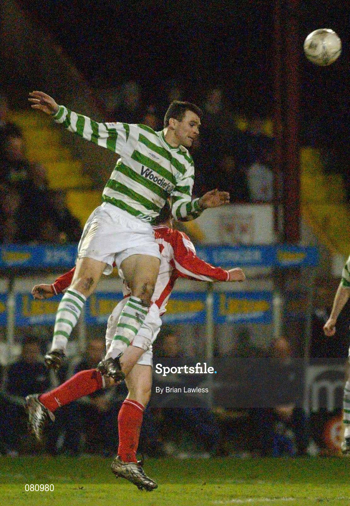 8 February 2002; Pat Scully of Shamrock Rovers, in action against Paul McTiernan of Sligo Rovers  during the FAI Carlsberg Cup Quarter-Final match between Shamrock Rovers and Sligo Rovers at Tolka Park in Dublin. Photo by Brian Lawless/Sportsfile