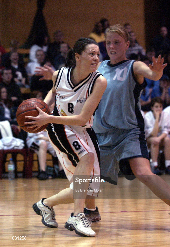 25 January 2002; Emma Pierce of Dart Killester in action against Pamela Grogan of Mercy Coolock during the ESB Women's National Cup Semi-Final between Mercy Coolock and Dart Killester at the ESB Arena in Tallaght, Dublin. Photo by Brendan Moran/Sportsfile