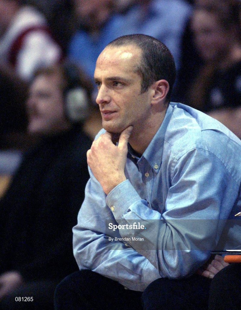 25 January 2002; Mercy Coolock headcoach Bobby Temple during the ESB Women's National Cup Semi-Final between Mercy Coolock and Dart Killester at the ESB Arena in Tallaght, Dublin. Photo by Brendan Moran/Sportsfile