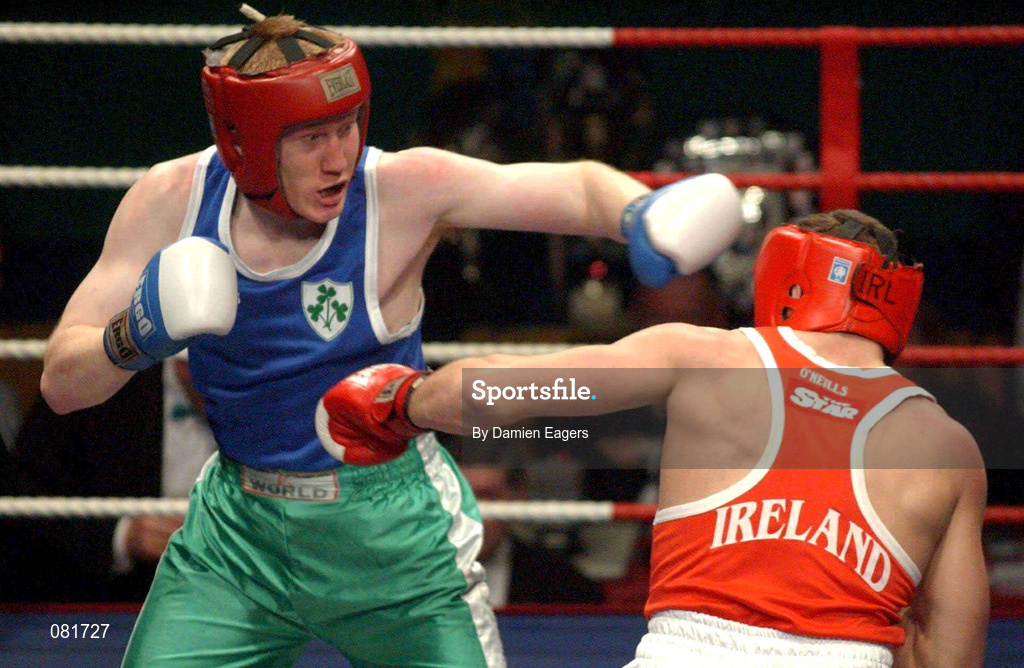 22 February 2002; Patrick Sharkey, left, in action against Alan Reynolds during the Heavyweight Final between Alan Reynolds and Patrick Sharkey, during the National Senior Boxing Championships at the The National Stadium in Dublin. Photo by Damien Eagers/Sportsfile