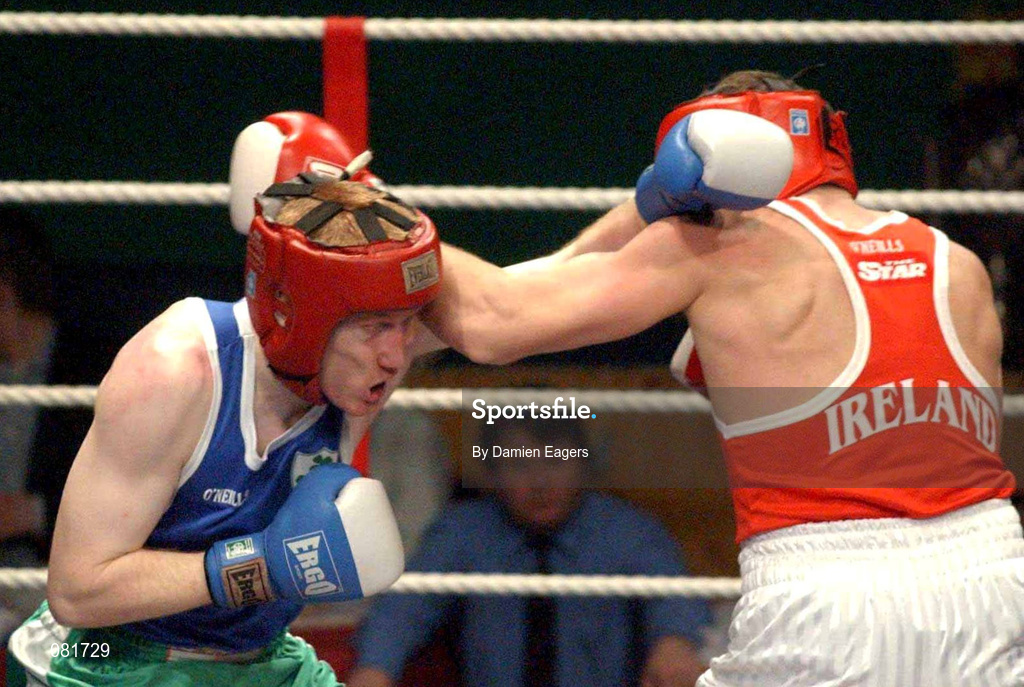 22 February 2002; Patrick Sharkey, left, in action against Alan Reynolds during the Heavyweight Final between Alan Reynolds and Patrick Sharkey, during the National Senior Boxing Championships at the The National Stadium in Dublin. Photo by Damien Eagers/Sportsfile