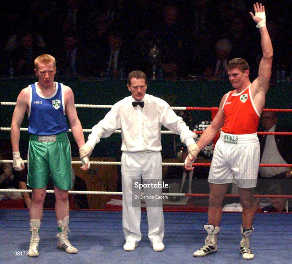 22 February 2002; Alan Reynolds, right, is declared the winner following the Heavyweight Final between Alan Reynolds and Patrick Sharkey, during the National Senior Boxing Championships at the The National Stadium in Dublin. Photo by Damien Eagers/Sportsfile