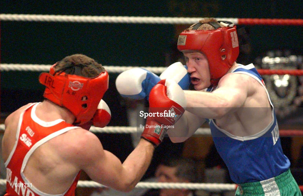 22 February 2002; Patrick Sharkey, right, in action against Alan Reynolds during the Heavyweight Final between Alan Reynolds and Patrick Sharkey, during the National Senior Boxing Championships at the The National Stadium in Dublin. Photo by Damien Eagers/Sportsfile