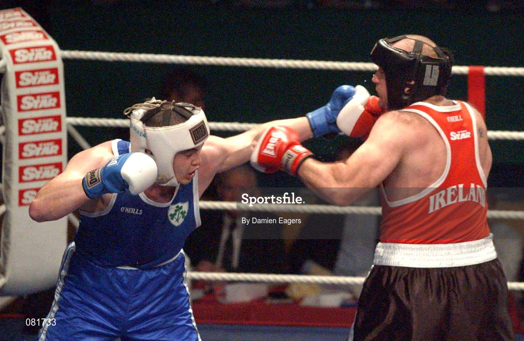 22 February 2002; Cathal McMonagle, left, in action against Eanna Falvey during the Super Heavyweight Final between Eanna Falvey and Cathal McMonagle during the National Senior Boxing Championships at the The National Stadium in Dublin. Photo by Damien Eagers/Sportsfile