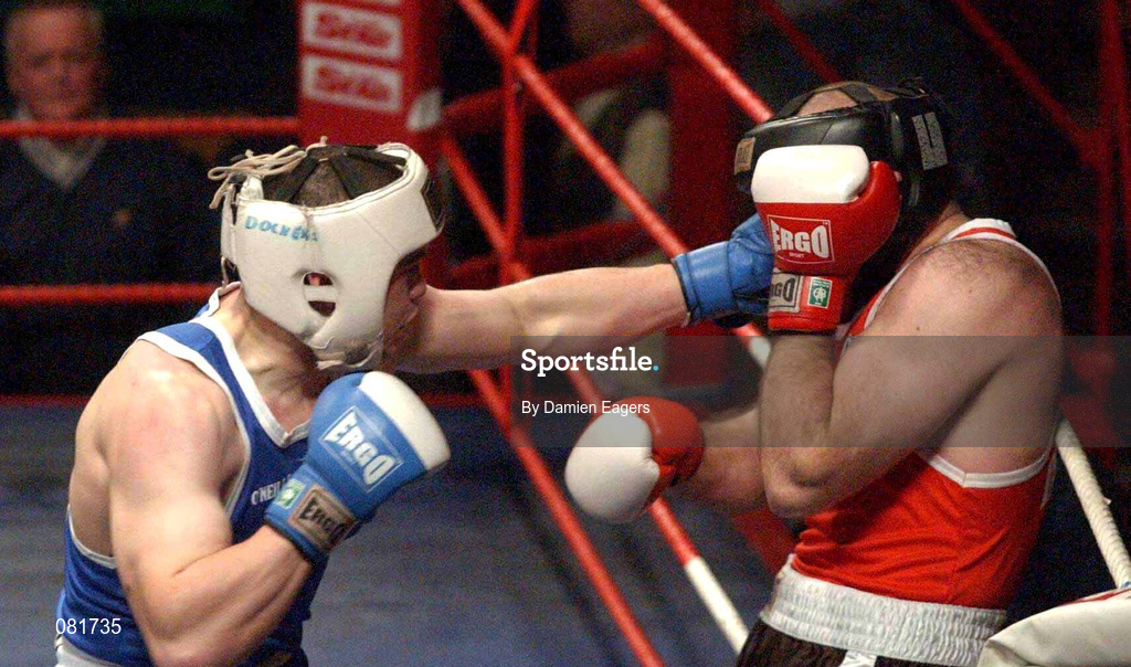22 February 2002; Cathal McMonagle, left, in action against Eanna Falvey during the Super Heavyweight Final between Eanna Falvey and Cathal McMonagle during the National Senior Boxing Championships at the The National Stadium in Dublin. Photo by Damien Eagers/Sportsfile