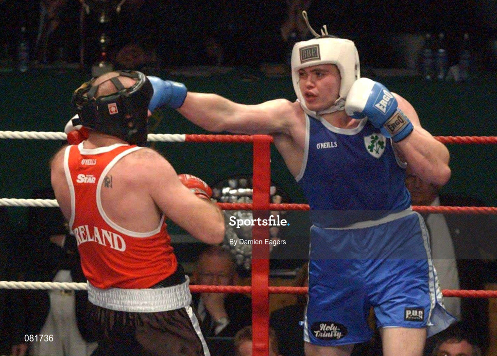 22 February 2002; Cathal McMonagle, right, in action against Eanna Falvey during the Super Heavyweight Final between Eanna Falvey and Cathal McMonagle during the National Senior Boxing Championships at the The National Stadium in Dublin. Photo by Damien Eagers/Sportsfile