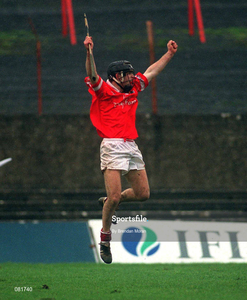 25 February 2002; Ben O'Connor of Cork celebrates scoring his sides 2nd last point, which put them in the lead against Limerick during the Allianz National Hurling League Division 1B Round 1 match between Limerick and Cork at the Gaelic Grounds in Limerick. Photo by Brendan Moran/Sportsfile