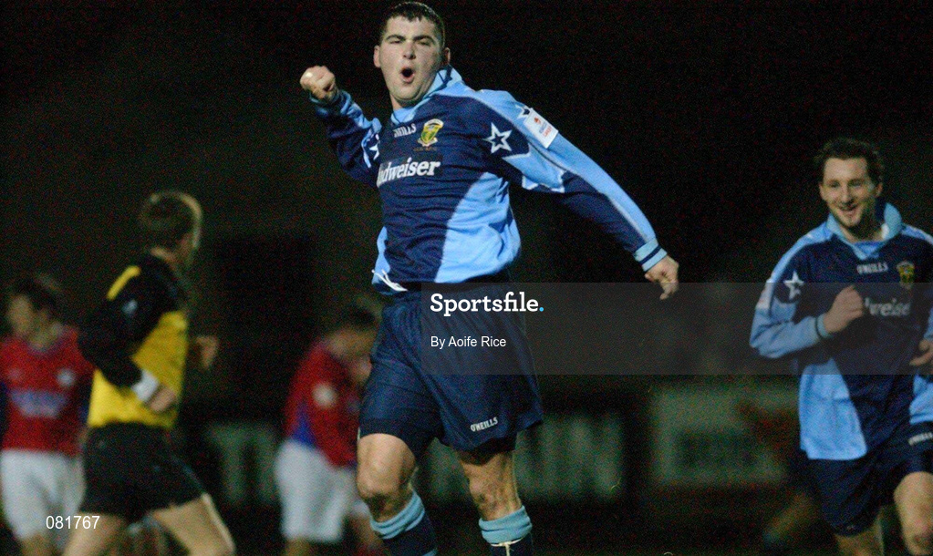 23 December 2001; Sean Finn of UCD celebrates after  scoring his sides second goal during the eircom League Premier Division match between UCD and Shelbourne at Belfield Park in Dublin. Photo by Aofie Rice/Sportsfile
