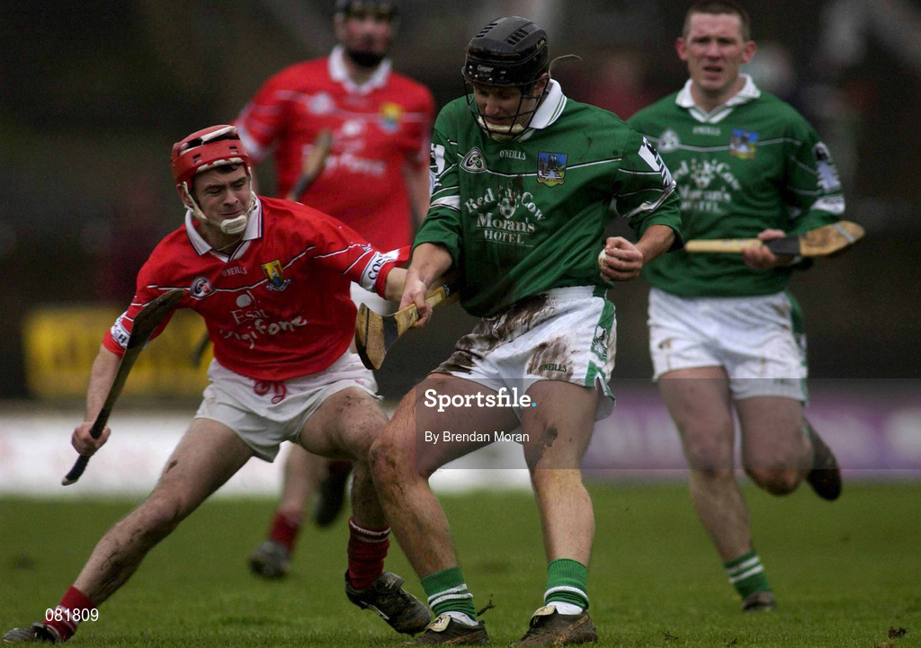 25 February 2002; John Foley of Limerick in action against Sean McGrath of Cork during the Allianz National Hurling League Division 1B Round 1 match between Limerick and Cork at the Gaelic Grounds in Limerick. Photo by Brendan Moran/Sportsfile