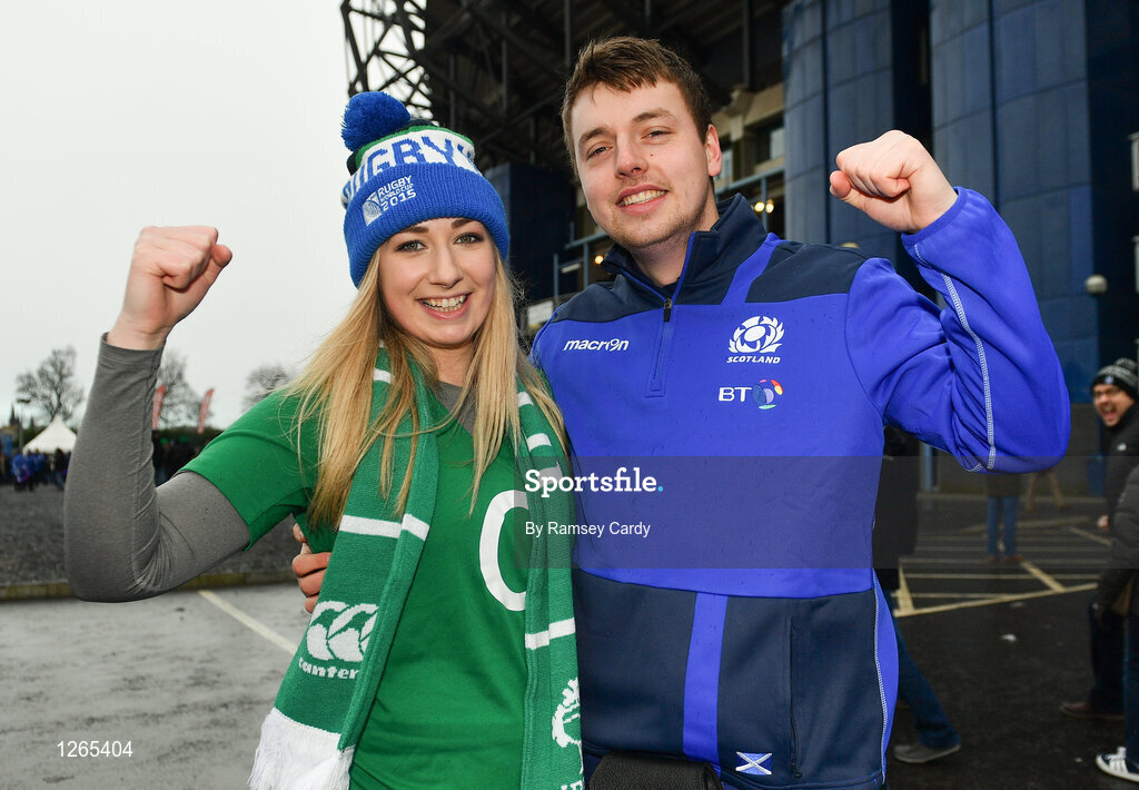 4 February 2017; Ireland supporter Emma Chambers, from Portrush, Co. Antrim, and Scotland supporter Eunan Merry prior to the RBS Six Nations Rugby Championship match between Scotland and Ireland at BT Murrayfield Stadium in Edinburgh, Scotland. Photo by Ramsey Cardy/Sportsfile