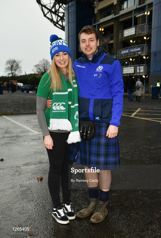 4 February 2017; Ireland supporter Emma Chambers, from Portrush, Co. Antrim, and Scotland supporter Eunan Merry prior to the RBS Six Nations Rugby Championship match between Scotland and Ireland at BT Murrayfield Stadium in Edinburgh, Scotland. Photo by Ramsey Cardy/Sportsfile