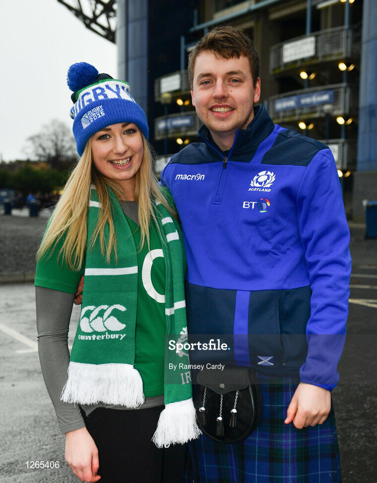 4 February 2017; Ireland supporter Emma Chambers, from Portrush, Co. Antrim, and Scotland supporter Eunan Merry prior to the RBS Six Nations Rugby Championship match between Scotland and Ireland at BT Murrayfield Stadium in Edinburgh, Scotland. Photo by Ramsey Cardy/Sportsfile