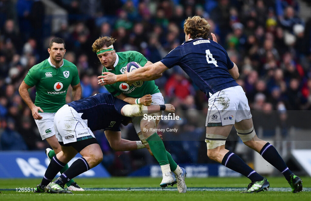 4 February 2017; Jamie Heaslip of Ireland is tackled by Zander Fagerson, left, and Richie Gray of Scotland during the RBS Six Nations Rugby Championship match between Scotland and Ireland at BT Murrayfield Stadium in Edinburgh, Scotland. Photo by Ramsey Cardy/Sportsfile