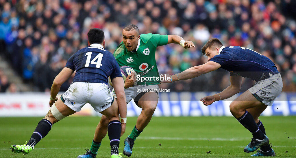 4 February 2017; Simon Zebo of Ireland is tackled by Sean Maitland, left, and Huw Jones of Scotland during the RBS Six Nations Rugby Championship match between Scotland and Ireland at BT Murrayfield Stadium in Edinburgh, Scotland. Photo by Brendan Moran/Sportsfile