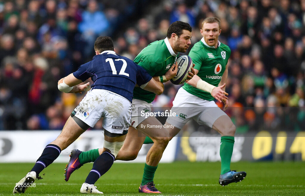 4 February 2017; Robbie Henshaw of Ireland is tackled by Alex Dunbar of Scotland during the RBS Six Nations Rugby Championship match between Scotland and Ireland at BT Murrayfield Stadium in Edinburgh, Scotland. Photo by Ramsey Cardy/Sportsfile