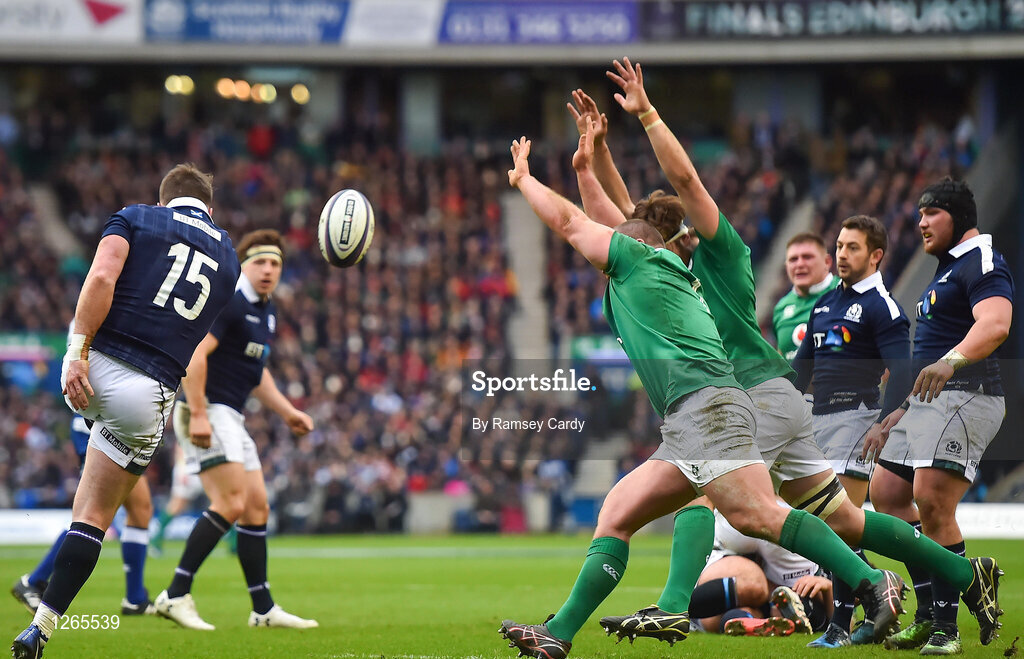 4 February 2017; Stuart Hogg of Scotland clears from his own try zone during the RBS Six Nations Rugby Championship match between Scotland and Ireland at BT Murrayfield Stadium in Edinburgh, Scotland. Photo by Ramsey Cardy/Sportsfile