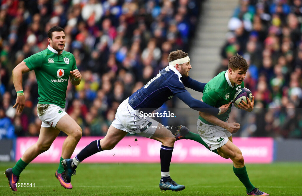4 February 2017; Garry Ringrose of Ireland is tackled by Finn Russell of Scotland during the RBS Six Nations Rugby Championship match between Scotland and Ireland at BT Murrayfield Stadium in Edinburgh, Scotland. Photo by Ramsey Cardy/Sportsfile