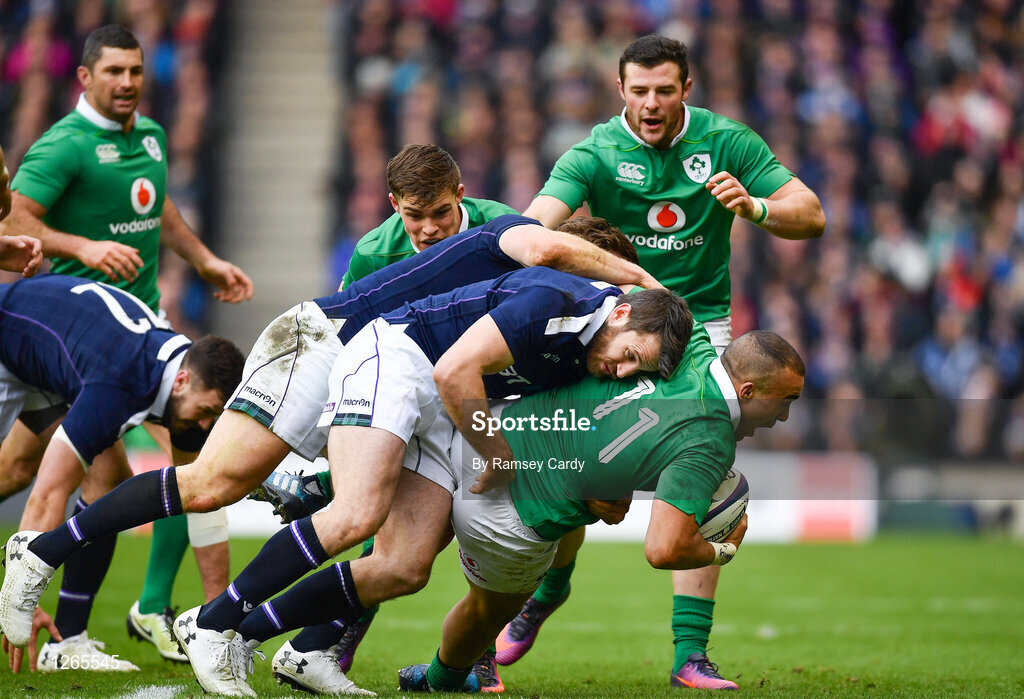 4 February 2017; Simon Zebo of Ireland is tackled by Hamish Watson, left, and Tommy Seymour of Scotland during the RBS Six Nations Rugby Championship match between Scotland and Ireland at BT Murrayfield Stadium in Edinburgh, Scotland. Photo by Ramsey Cardy/Sportsfile