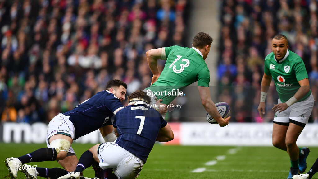4 February 2017; Garry Ringrose of Ireland is tackled byAllan Dell, left, and Hamish Watson of Scotland during the RBS Six Nations Rugby Championship match between Scotland and Ireland at BT Murrayfield Stadium in Edinburgh, Scotland. Photo by Ramsey Cardy/Sportsfile