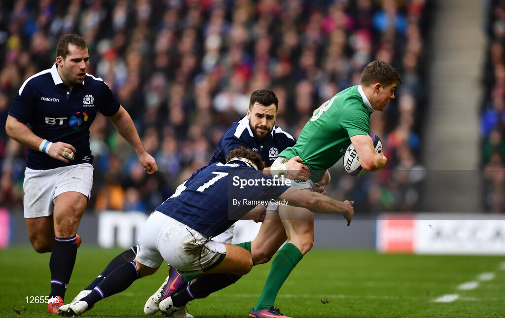 4 February 2017; Garry Ringrose of Ireland is tackled by Hamish Watson of Scotland during the RBS Six Nations Rugby Championship match between Scotland and Ireland at BT Murrayfield Stadium in Edinburgh, Scotland. Photo by Ramsey Cardy/Sportsfile
