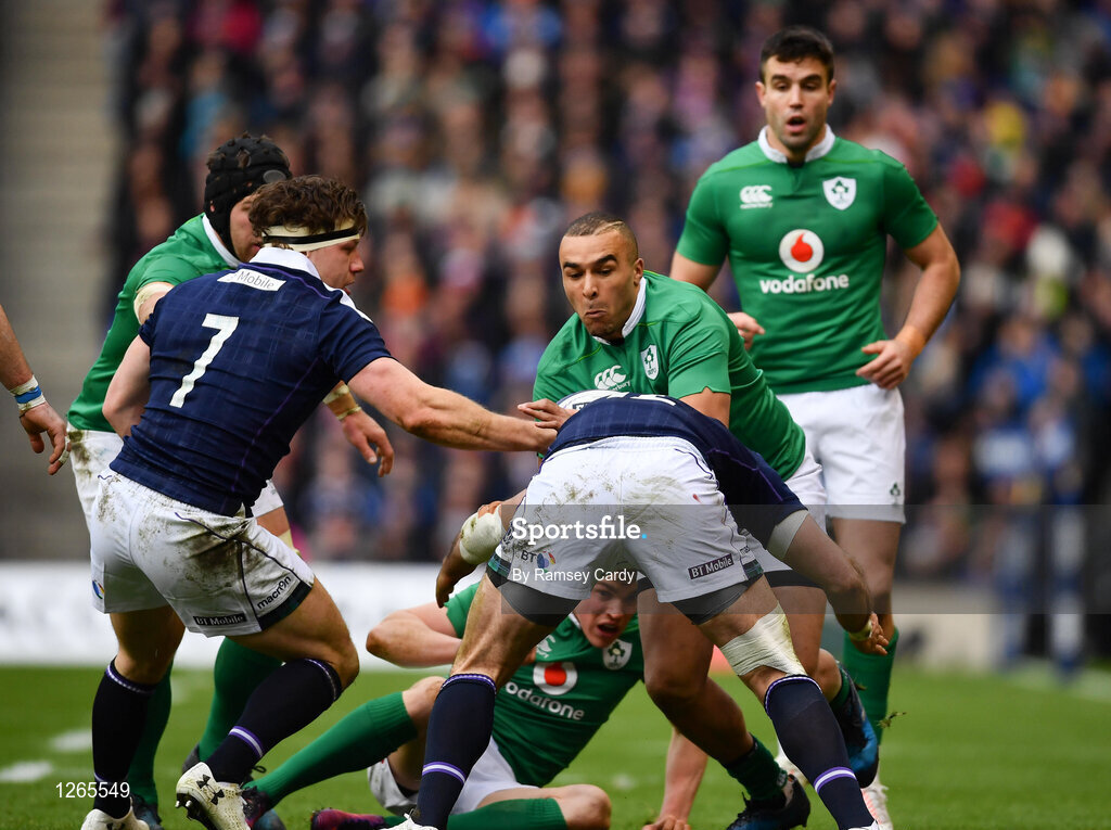 4 February 2017; Simon Zebo of Ireland is tackled by Alex Dunbar of Scotland during the RBS Six Nations Rugby Championship match between Scotland and Ireland at BT Murrayfield Stadium in Edinburgh, Scotland. Photo by Ramsey Cardy/Sportsfile