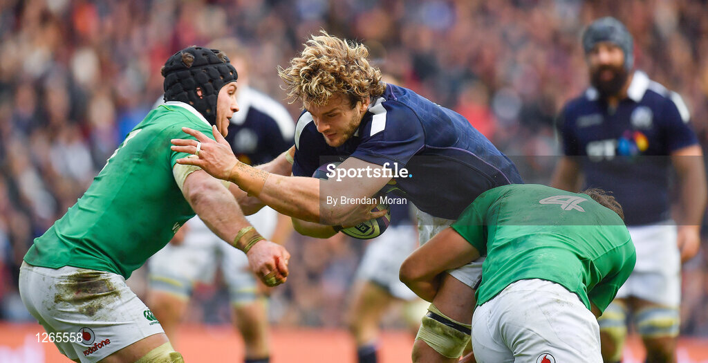 4 February 2017; Richie Gray of Scotland is tackled by Sean O'Brien, left, and Iain Henderson of Ireland during the RBS Six Nations Rugby Championship match between Scotland and Ireland at BT Murrayfield Stadium in Edinburgh, Scotland. Photo by Brendan Moran/Sportsfile