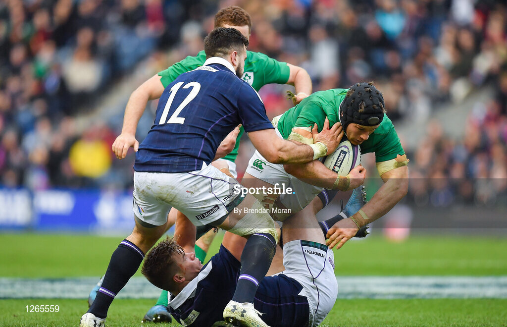 4 February 2017; Sean O'Brien of Ireland is tackled by Alex Dunbar, left, and Huw Jones of Scotland during the RBS Six Nations Rugby Championship match between Scotland and Ireland at BT Murrayfield Stadium in Edinburgh, Scotland. Photo by Brendan Moran/Sportsfile